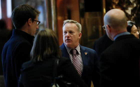 Image: Sean Spicer, Press Secretary to U.S. President-elect Trump, greets representatives of the White House Correspondents Association in the lobby of Trump Tower ahead of their scheduled meeting in New York