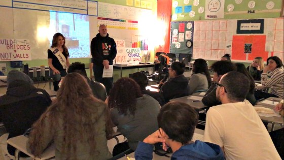 Seth Kolker, a teacher at Central Falls High School in Rhode Island, with his class. 