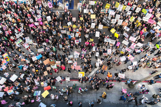 Image: Demonstrators gather in Los Angeles for a sister-march to the Women's March in Washington, DC, Jan. 21, 2017.