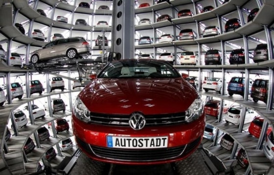 Volkswagen models Golf Cabriolet and Passat are stored at the CarTowers next to the Volkswagen plant in Wolfsburg