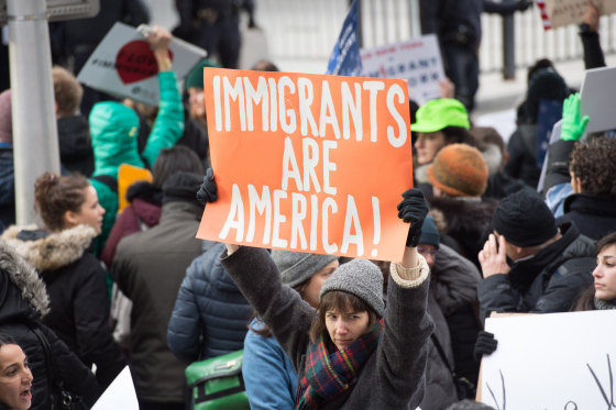 Image: Protesters gather at JFK International Airport's Terminal 4 to demonstrate against President Donald Trump's executive order on Jan. 28 in New York.