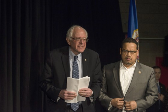 Image: Rep. Keith Ellison (D-MN), right, introduces Democratic presidential candidate Sen. Bernie Sanders (D-VT) wait to speak at a forum on Feb. 12, 2016 in Minneapolis, Minn.
