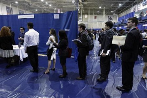 Employment seeking American University students line up waiting to talk to job recruiters during a career job fair at American University in Washington
