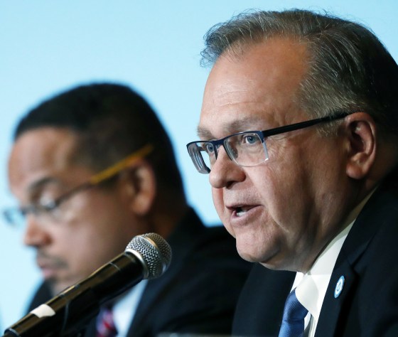 Ray Buckley, right, chair of the Democratic Party of New Hampshire, addresses a forum on the future of the party during a session of the Association of State Democratic Chairs, in Denver on Dec. 2, 2016.