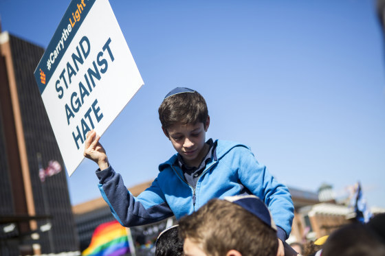 Image: People demonstrate at a Stand Against Hate rally in Philadelphia