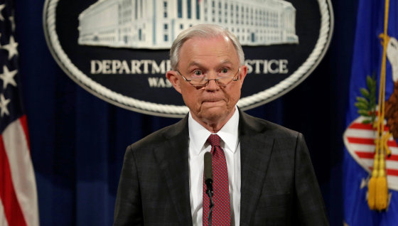 Image: U.S. Attorney General Jeff Sessions pauses at a news conference at the Justice Department in Washington
