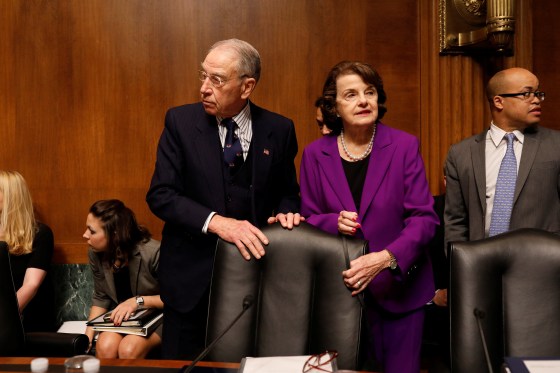 Image: Committee Chairman Sen. Chuck Grassley (R-IA) and Ranking Member Sen. Dianne Feinstein (D-CA) arrive for a hearing for Rod Rosenstein, nominee to be Deputy Attorney General, before the Senate Judiciary Committee