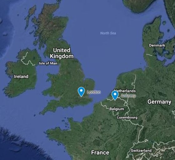 Image: A map showing London and Antwerp