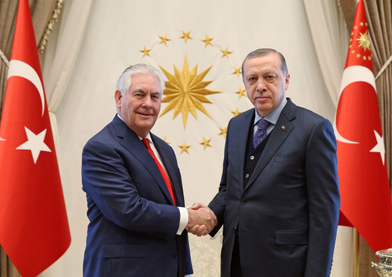 Image: Secretary of State Rex Tillerson shakes hands with Turkish President Recep Tayyip Erdogan
