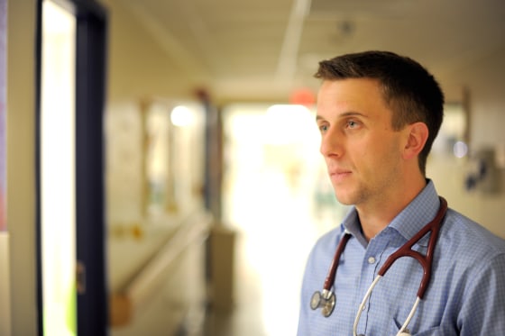 Medical Student Nick Bonenfant '17 working in an acting internship in the Pediatrics Department at the UVM Medical Center.