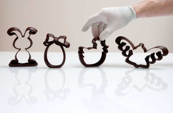Image: Three-dimensional Easter-themed shapes are pictured at Belgian chocolate company Miam Factory in Gembloux