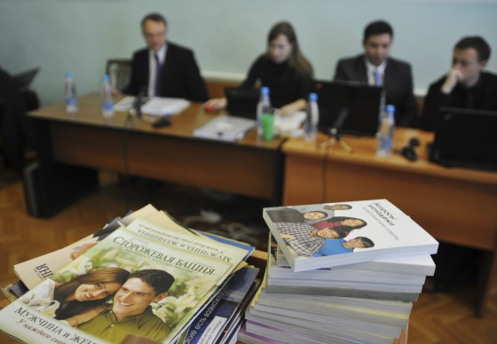 Image: Stacks of Jehovah's Witnesses booklets in a courtroom in Gorno-Altaysk, Russia