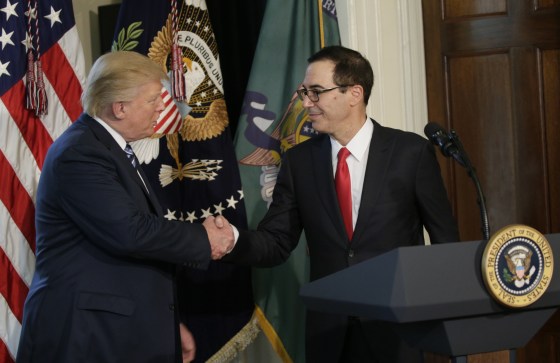 Image: U.S. President Trump greets Treasury Secretary Mnuchin during signing financial services executive orders signing ceremony at the Treasury Department in Washington