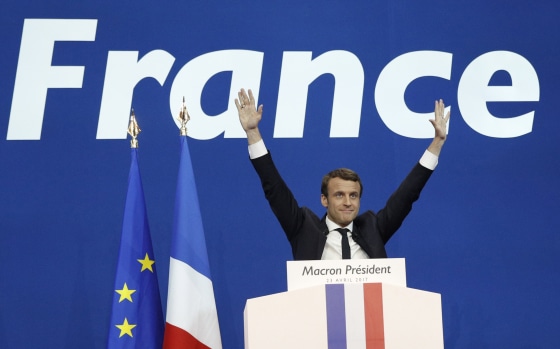 Image: French presidential election candidate Emmanuel Macron celebrates after the first round of the French presidential elections
