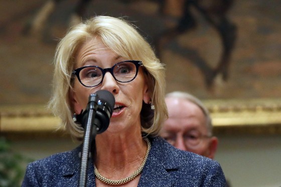Image: Secretary of Education Betsy DeVos speaks during an event with Governors where U.S. President Donald Trump signed an executive order on education at the White House in Washington