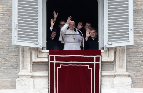 Image: Pope Francis leads the Regina Coeli prayer at the Vatican, Sunday.