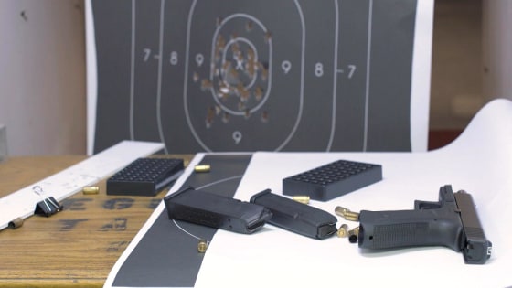 A gun and target at Westside Rifle & Pistol Range, a gun range in Manhattan, New York City.