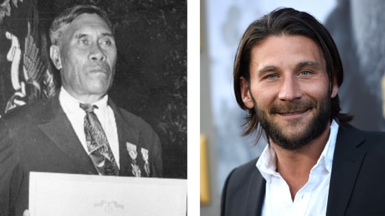 Right: Mr. Benjamin Kanahele, of Niihau, Hawaii, displays the Medal for Merit and Purple Heart awarded to him for killing a Japanese Pilot who landed on Niihau after the Dec. 7, 1941, attack on Pearl Harbor; Left: Zach McGowan arrives at the world premiere of "King Arthur: Legend of the Sword" at the TCL Chinese Theatre on Monday, May 8, 2017, in Los Angeles.