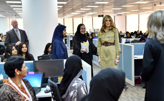 Image: Melania Trump meets with employees during a visit to the GE All-Women Business Process Services Centre