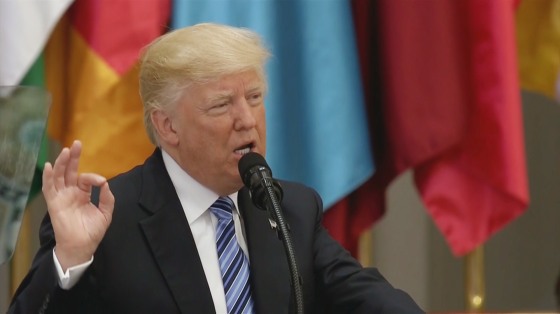 Image: President Donald Trump delivers a speech from Riyadh, Saudi Arabia on his first overseas trip