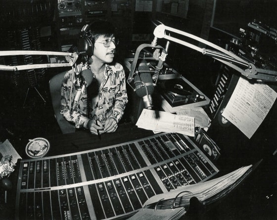 Rock journalist Ben Fong-Torres at KSAN radio station studios.