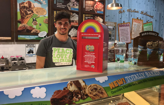 Image: A Ben and Jerry's employee with the equality mailbox