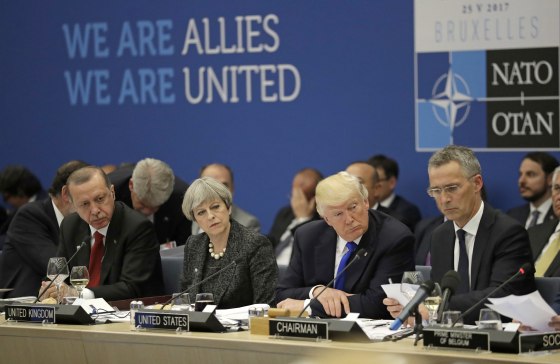Image: NATO leaders during a working dinner meeting at the NATO headquarters during a NATO summit of heads of state and government in Brussels, May 25, 2017.