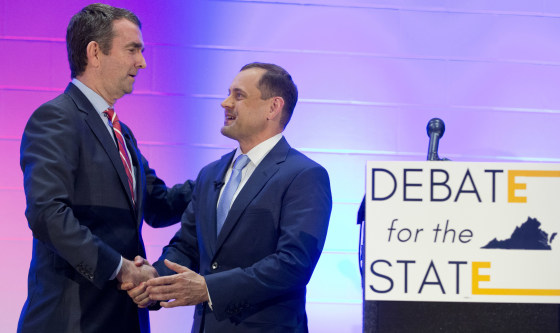 Image: Ralph Northam and Tom Perriello shake hands after a debate at a Union hall in Richmond