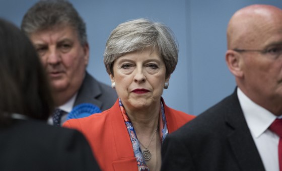 Image: Theresa May speaks at her constituency count at the Magnet Leisure Centre in Maidenhead