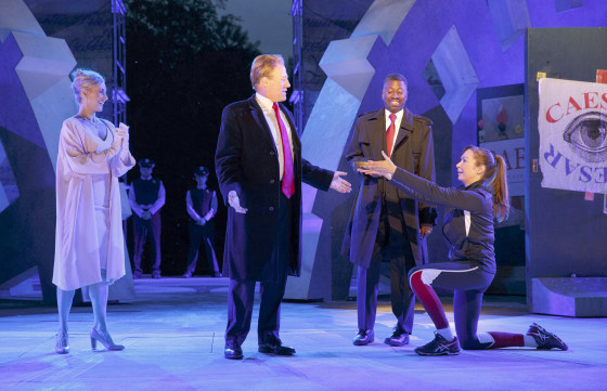 Image: Tina Benko, left, portrays Melania Trump and Gregg Henry, center left, portrays President Donald Trump in the role of Julius Caesar during a dress rehearsal of The Public Theater's Free Shakespeare in the Park production of Julius Caesar.
