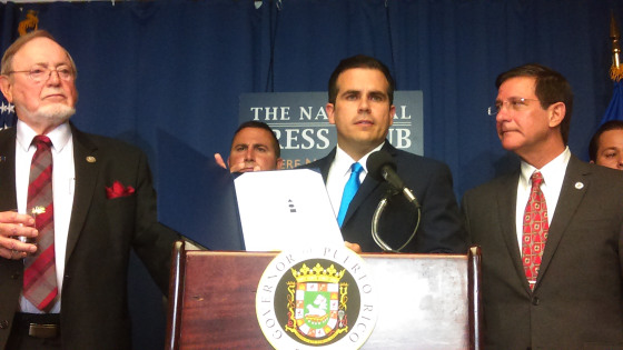 Puerto Rico Governor Ricardo Rossell?, accompanied by island officials and Reps. Don Young (R-AK) and Darren Soto (D-FL) at a press conference June 15, 2017 in Washington, D.C. to officially present the results of the June 11 island plebiscite.
