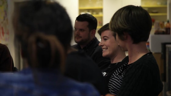 Brian Collins (C) from The Irish Refugee Council and Oonagh Murphy, co-founder of the Identity LGBT group for asylum seekers, attend a meeting in Dublin, Ireland on April 29, 2017.