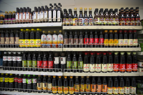 Image: An array of sauces in the Korean Foods superstore in New Malden