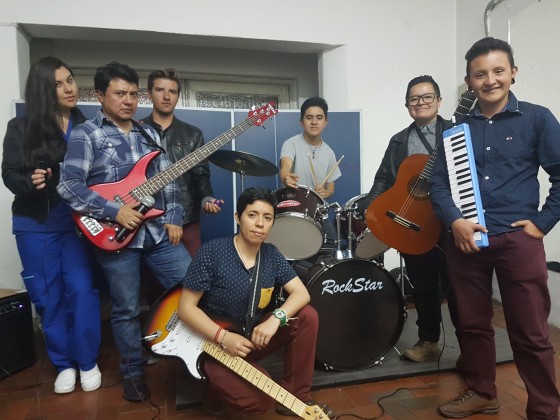 (L-R) Members of the band 250 Milligrams: Viviana Vega, Jhonnatan Espinosa, Gustaff Garzon, Thomas Jimenez, Martin Orozco, Ale Quiroga and Andres Castillo