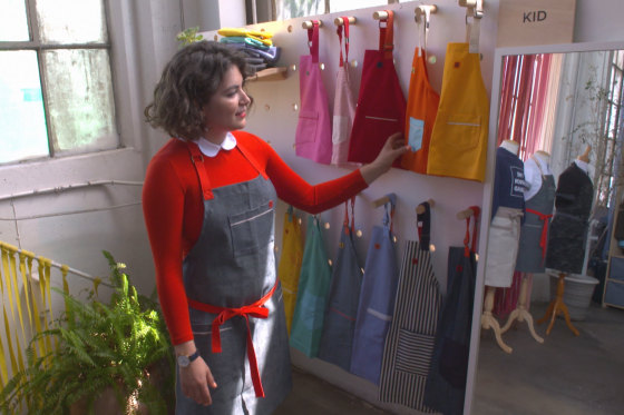Ellen Bennett in her luxury apron factort, Hedley & Bennett.