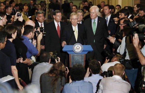 Image: Senate Majority Leader Mitch McConnell speaks on Capitol Hill in Washington