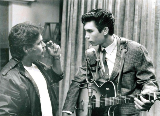 Image: Luis Valdez with Lou Diamond Phillips playing Ritchie Valens in \"La Bamba.\"