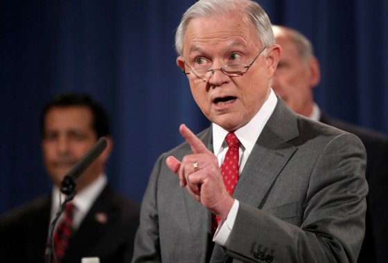 Image: Attorney General Jeff Sessions speaks during a news conference at the Justice Department in Washington, Aug. 4, 2017, on leaks of classified material threatening national security.