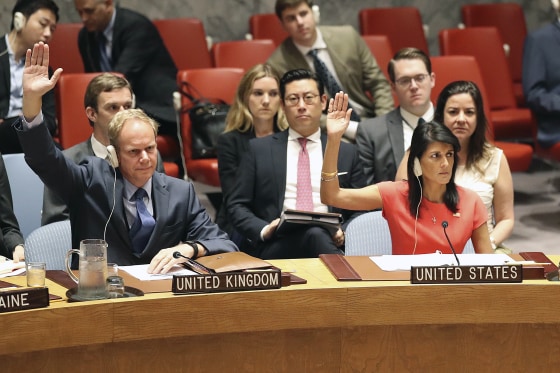 Image: British Ambassador to the United Nations Matthew Rycroft, left, and U.S. Ambassador to the United Nations Nikki Haley