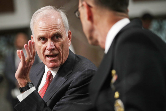 Image: U.S. Secretary of the Navy Richard Spencer (L) talks to Chief of Naval Operations Adm. John Richardson (R) prior to a hearing before Senate Armed Services Committee