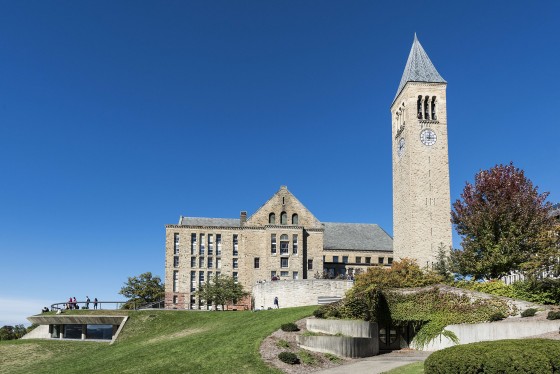 Image: Library and McGraw bell tower on the Cornell University campus