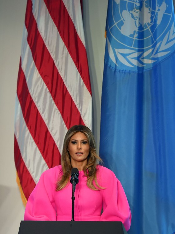 Image: US First Lady Melania Trump addresses other spouses of world leaders at a United Nations luncheon