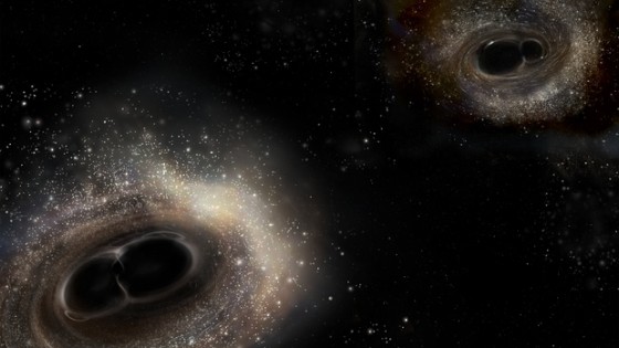 This artist's illustration depicts the merging black hole binary systems for GW150914 (left image) and GW151226 (right image).
