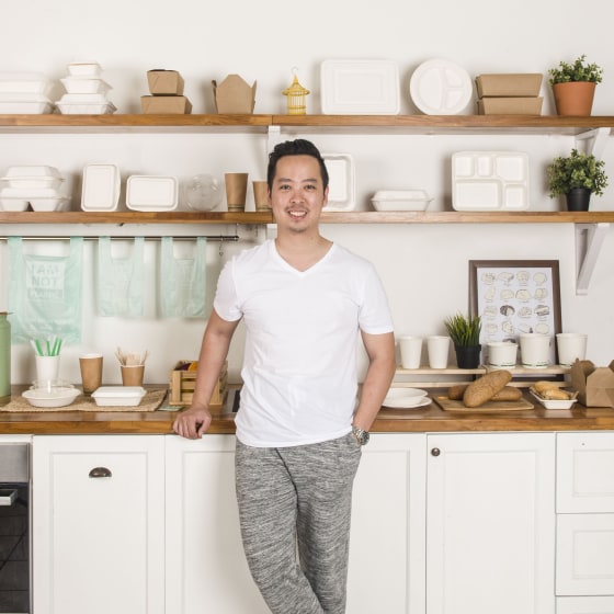 Kevin Kumala, founder of Indonesia-based Avani Eco, stands in front of his company's plastic-free product line.