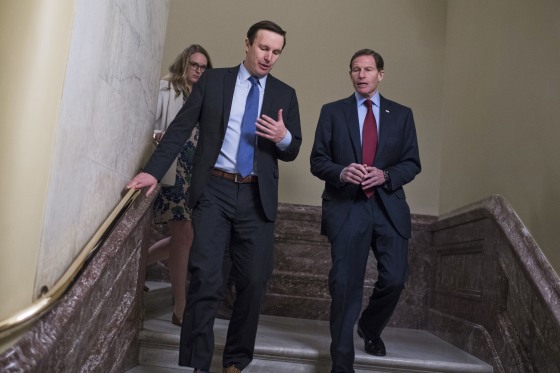 Sens. Chris Murphy, left, and Richard Blumenthal talk in the Capitol on April 4, 2017.