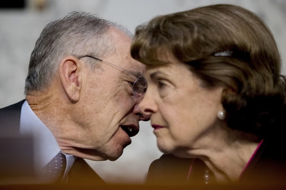 Image: Chairman Sen. Chuck Grassley, R-Iowa, and Sen. Dianne Feinstein, D-Calif., right, speak during a Senate Judiciary Committee hearing