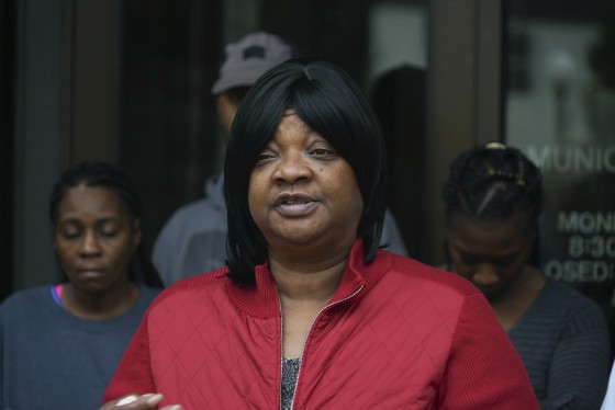 Mary Stewart, mother of Luke Stewart, speaks in front of Euclid City Hall in Euclid, Ohio on Monday, Oct. 9, 2017. The family of Luke Stewart, an unarmed black driver fatally shot by a white policeman, has filed a federal civil rights lawsuit.
