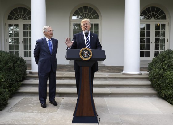 Image: President Donald Trump speaks as Senate Majority Leader Mitch McConnell, R-Ky., listens in the Rose Garden at the White House, Oct. 16, 2017, in Washington.
