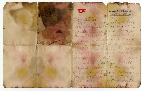 Image: A letter written on April 13, 1912 and recovered from the body of Alexander Oskar Holverson, a Titanic victim, is seen in this photograph received in London