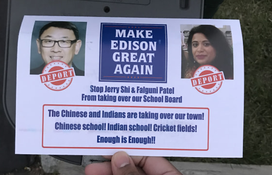 Residents of Edison, New Jersey, received a flyer targeting two Asian-American candidates for school board in the mail this week.